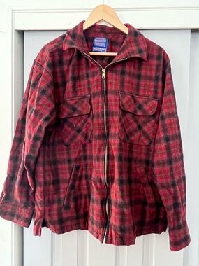 Pendleton Red and Black Plaid Wool Zip Jacket